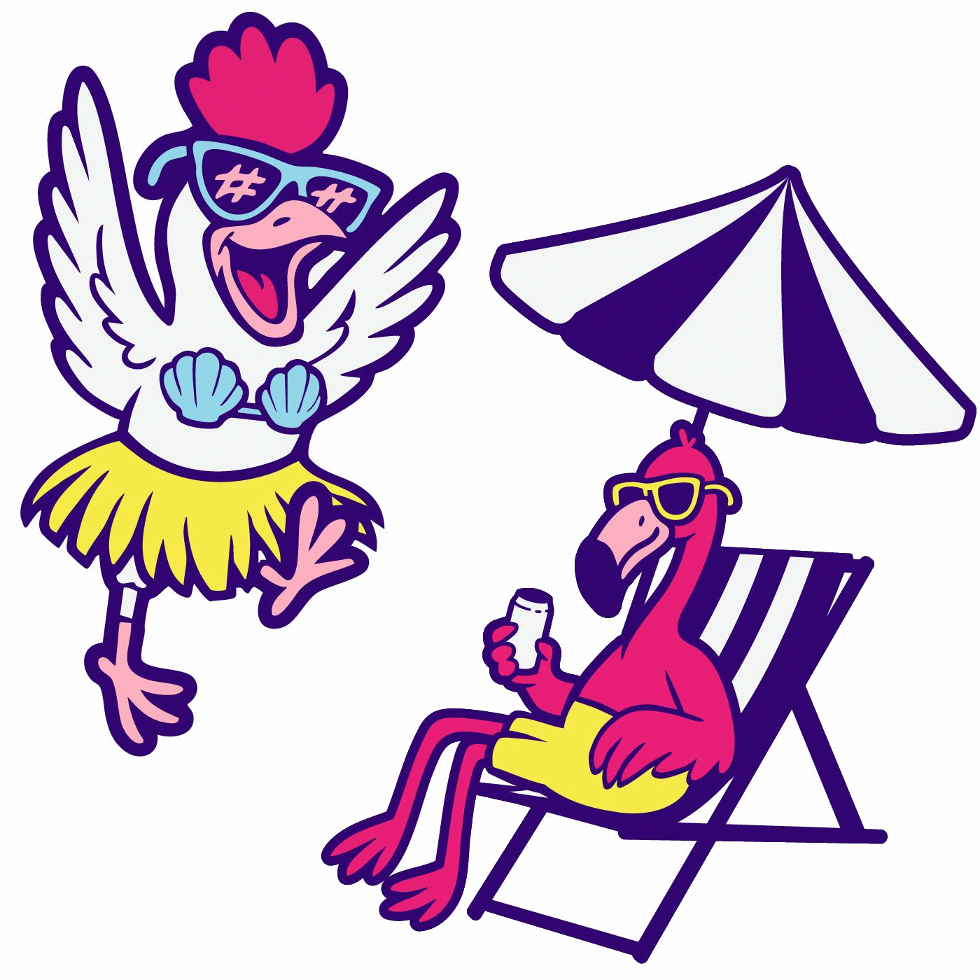 LoCa ja LoCo hahmot — kana hula-hameessa ja flamingo aurinkotuolissa